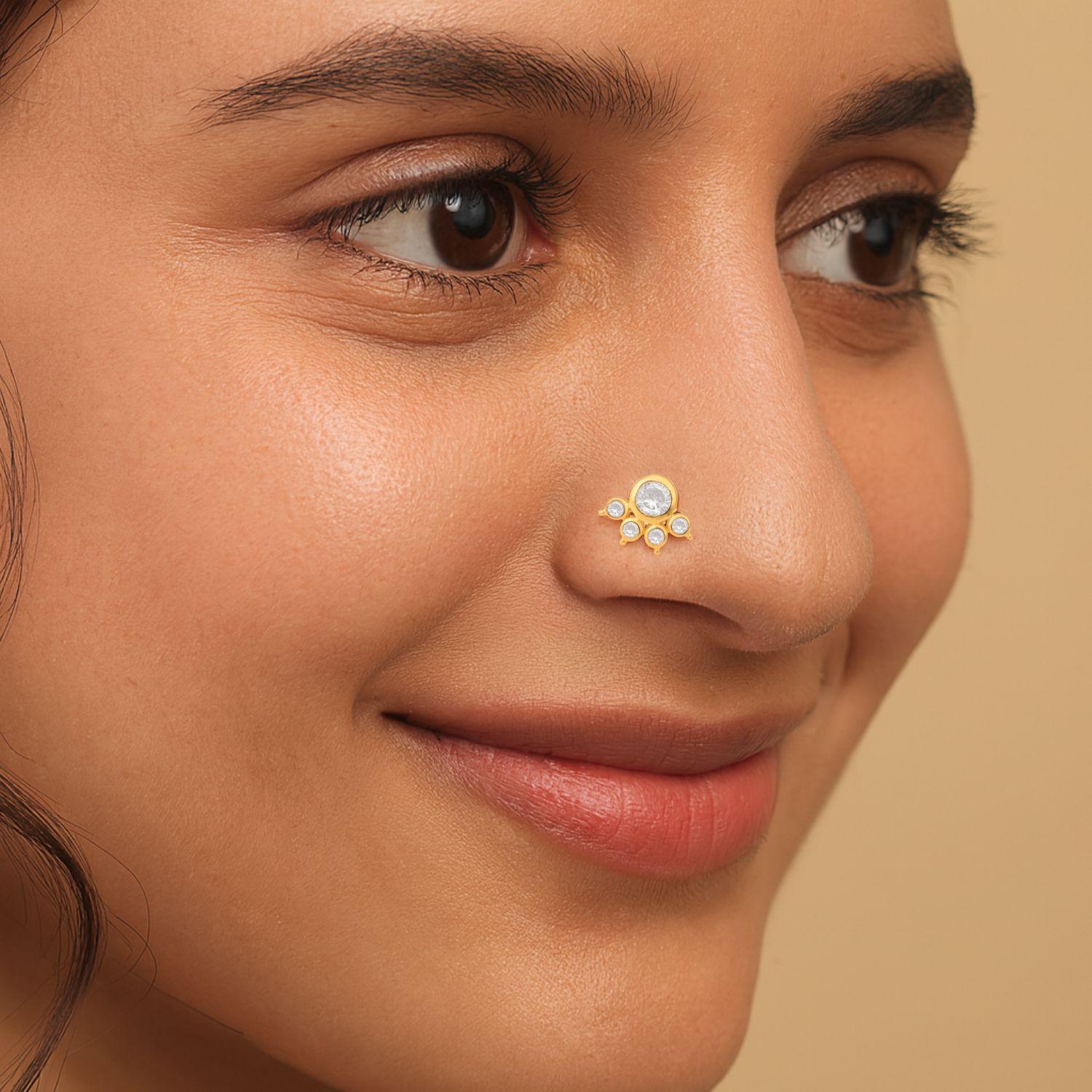 White CZ Crown Nose Pin - Sterling Silver Gold Plated