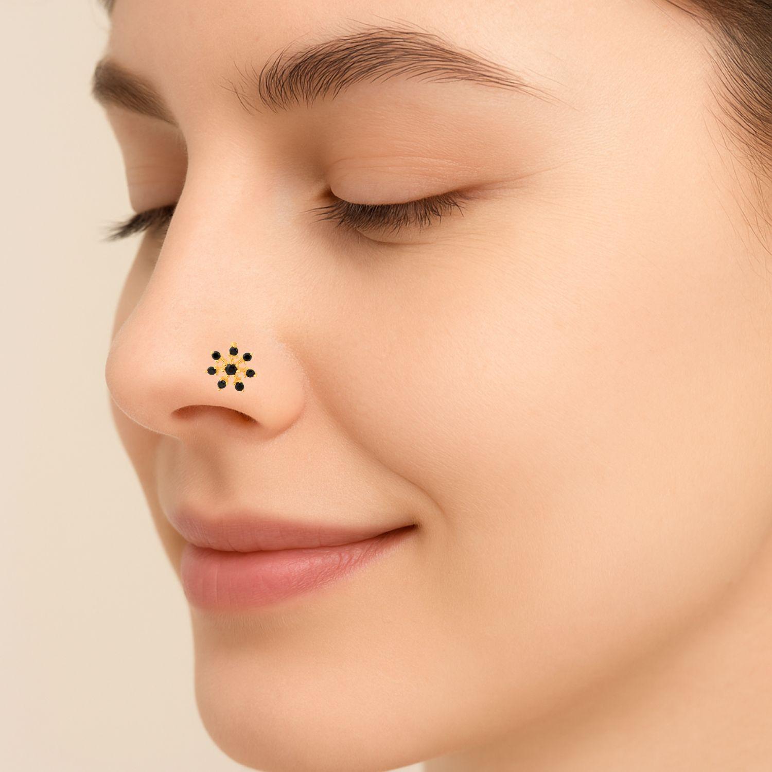 Blue CZ Starburst Floral Nose Pin - Sterling Silver Gold Plated