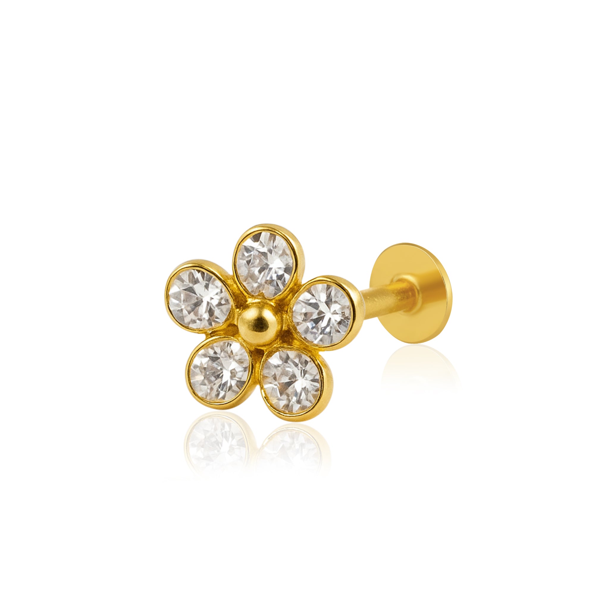 White CZ Five-Petal Floral Nose Pin – Sterling Silver Gold Plated