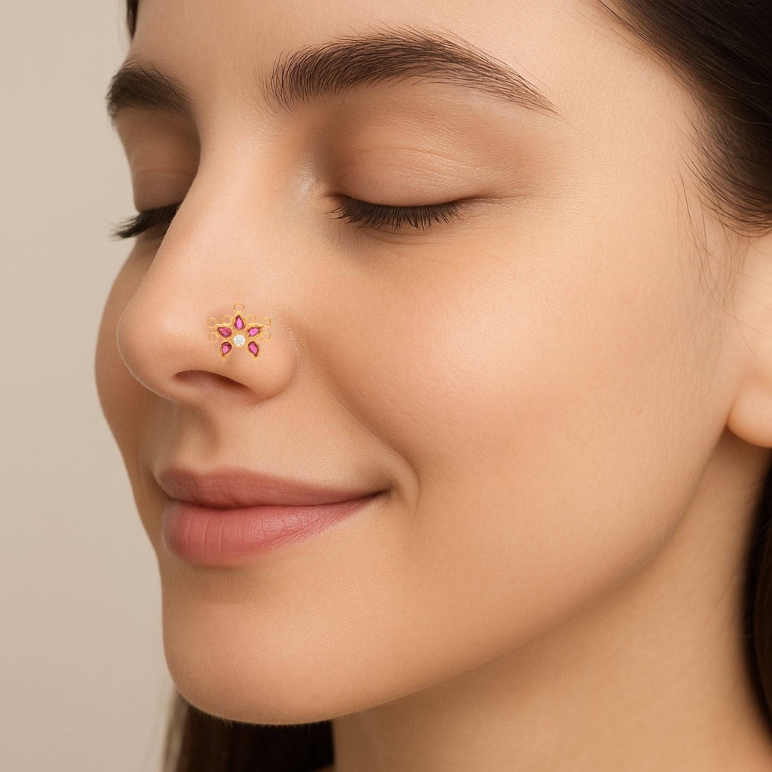 Red CZ Floral Nose Pin - Sterling Silver Gold Plated