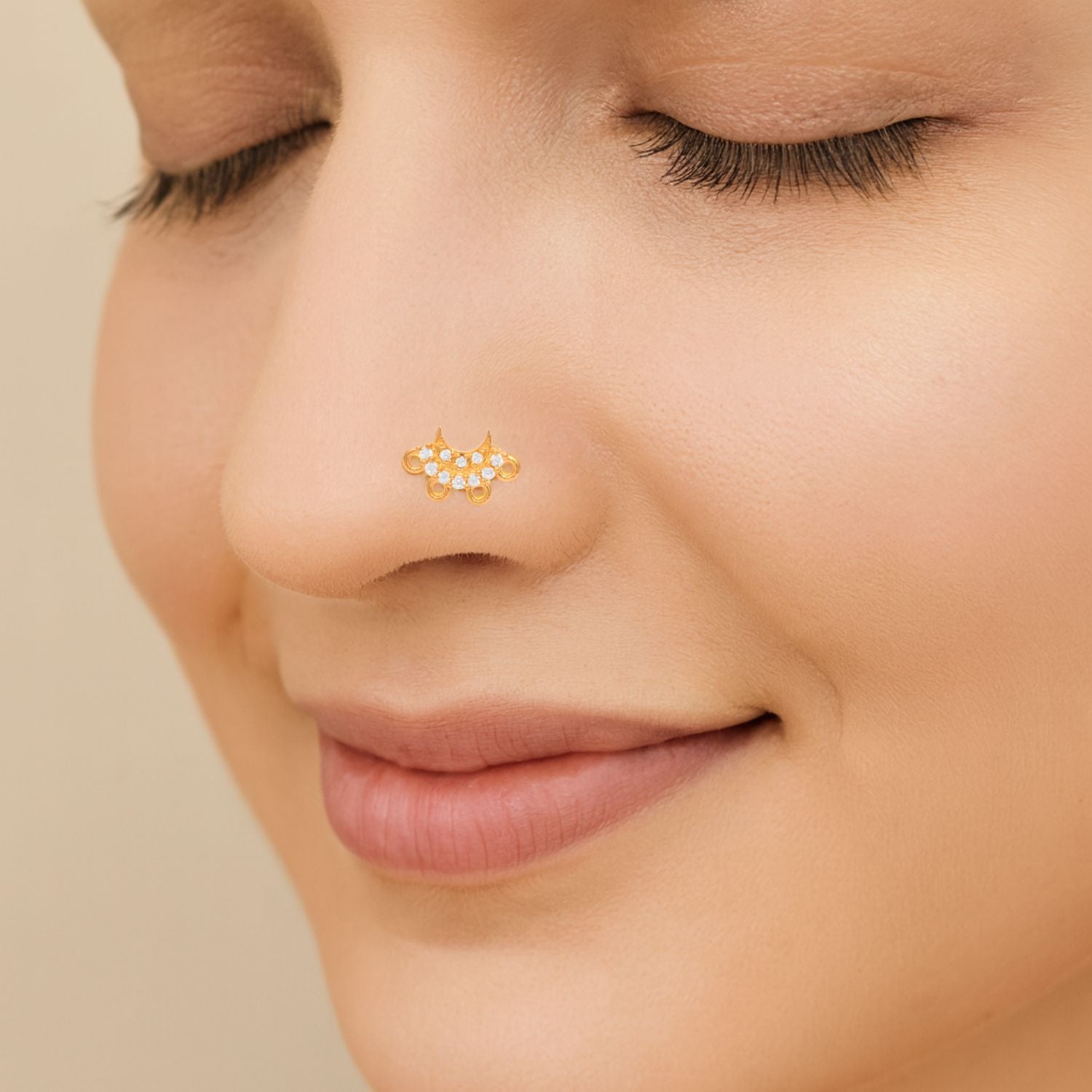White CZ Crescent Moon Nose Pin - Sterling Silver Gold Plated
