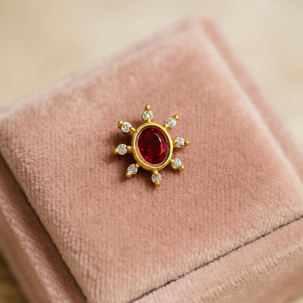 Red CZ Oval Sunburst Ethnic Nose Pin – Sterling Silver Gold Plated