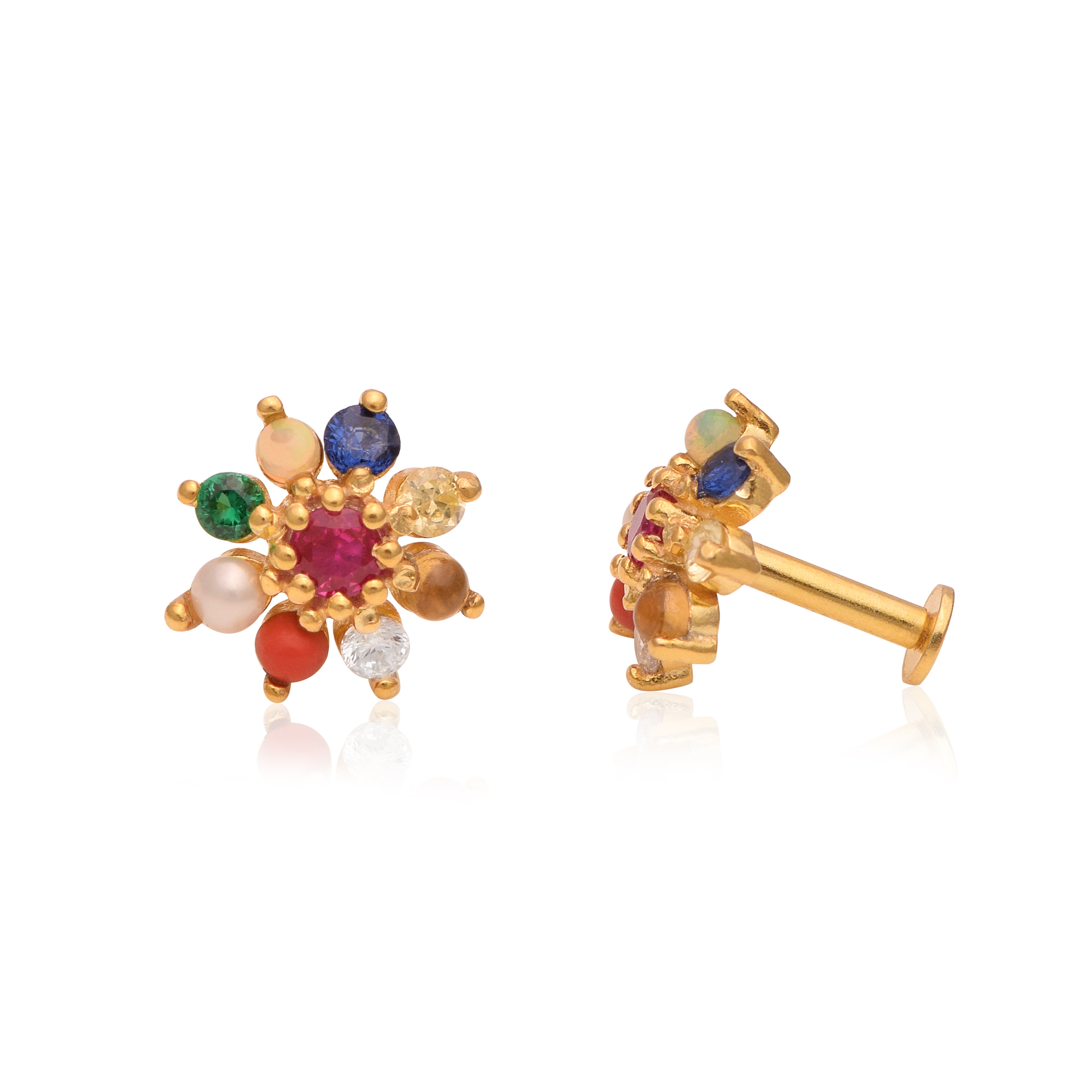 Nine Gemstone Navratna Floral Stud Earrings – Sterling Silver Gold Plated