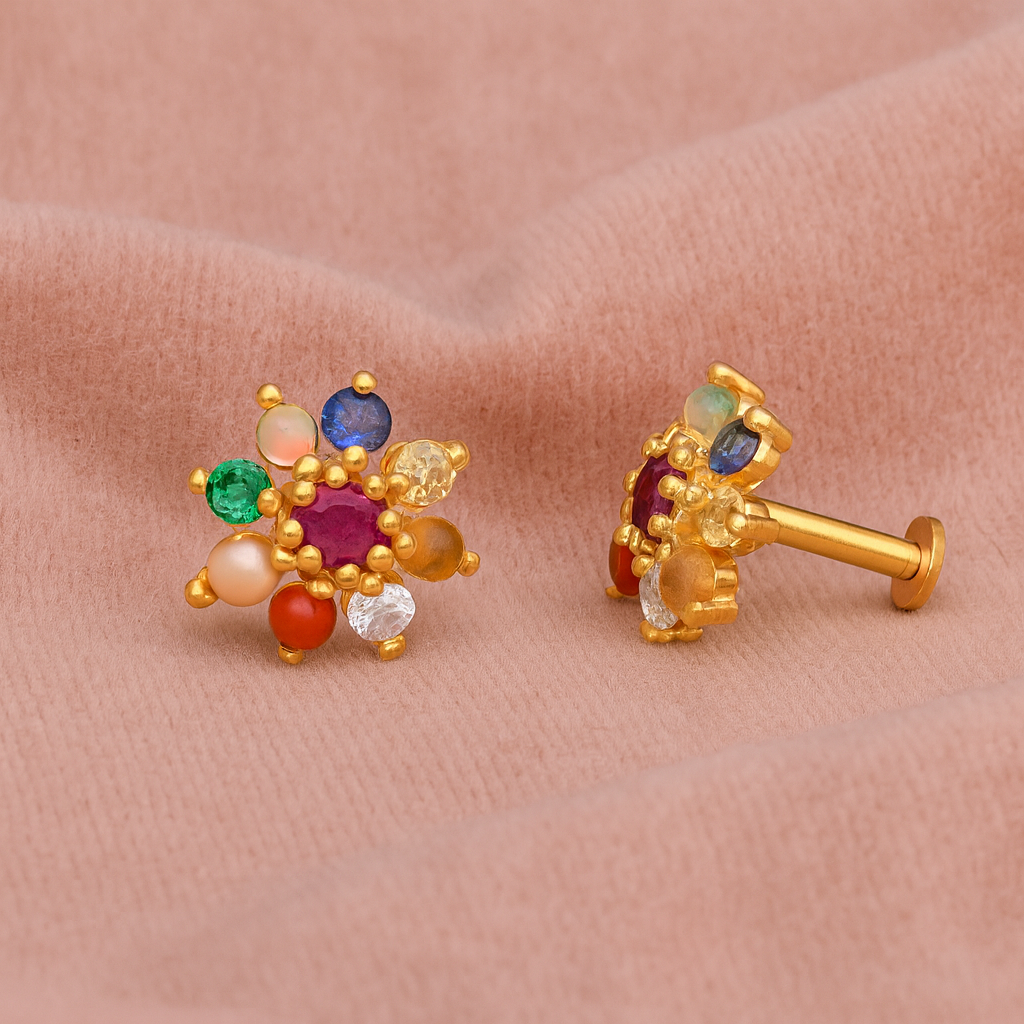Nine Gemstone Navratna Floral Stud Earrings – Sterling Silver Gold Plated