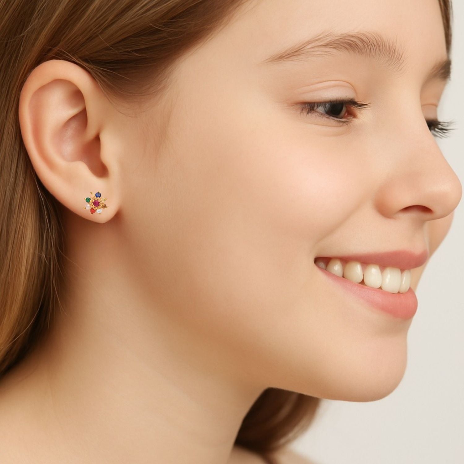 Nine Gemstone Navratna Floral Stud Earrings – Sterling Silver Gold Plated