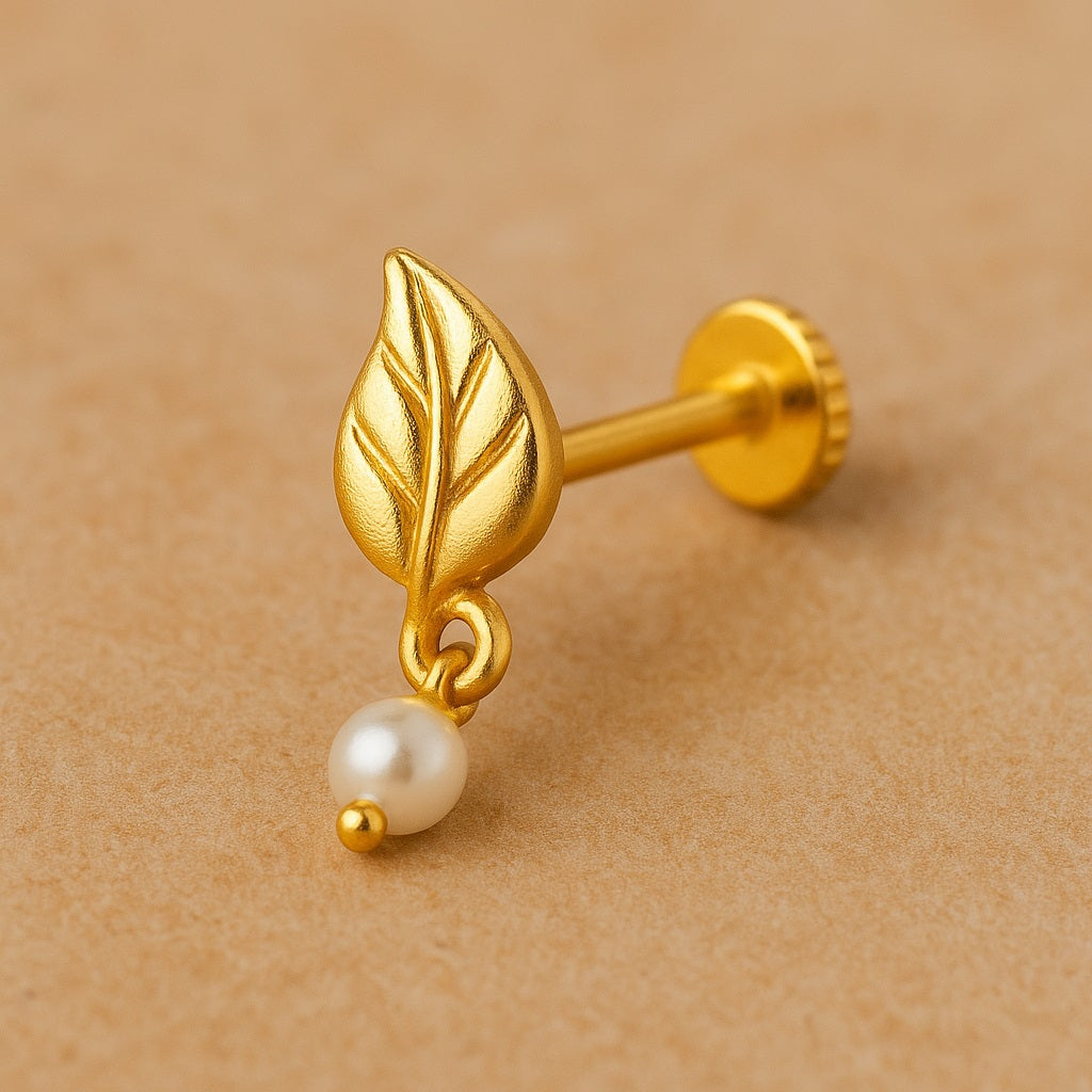 Pearl Drop Leaf Motif Nose Pin – Sterling Silver Gold Plated
