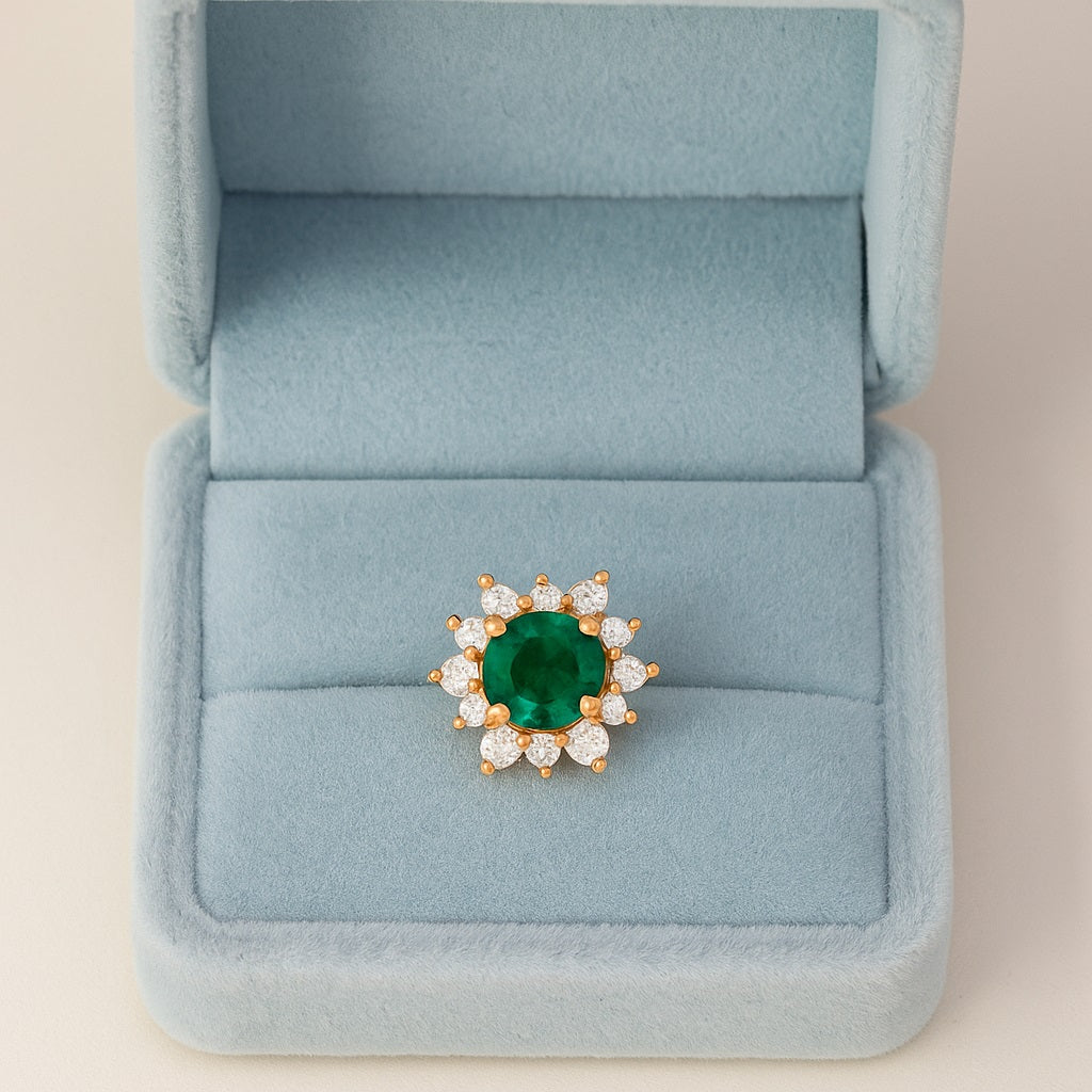 Green CZ Halo Floral Design Nose Pin – Sterling Silver Gold Plated