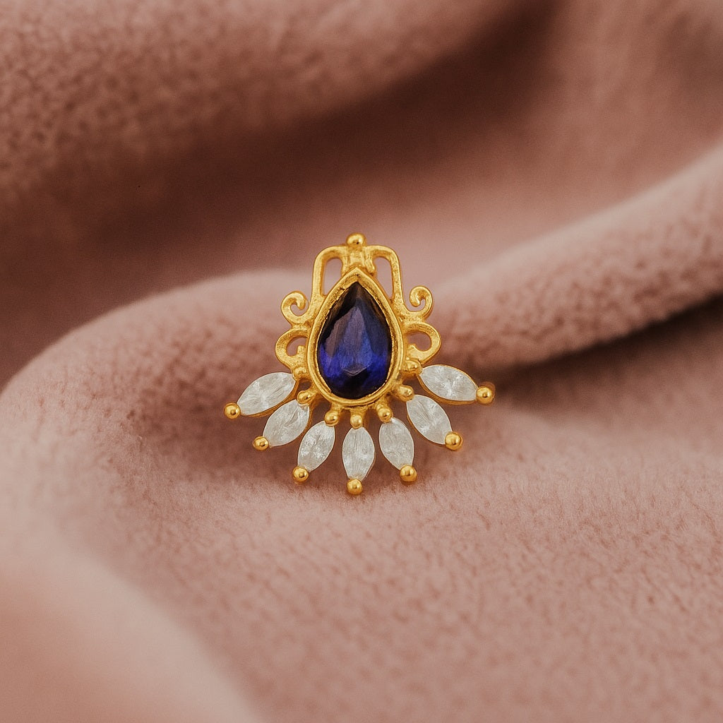 Blue CZ Tear Drop Floral Nose Pin – Sterling Silver Gold Plated