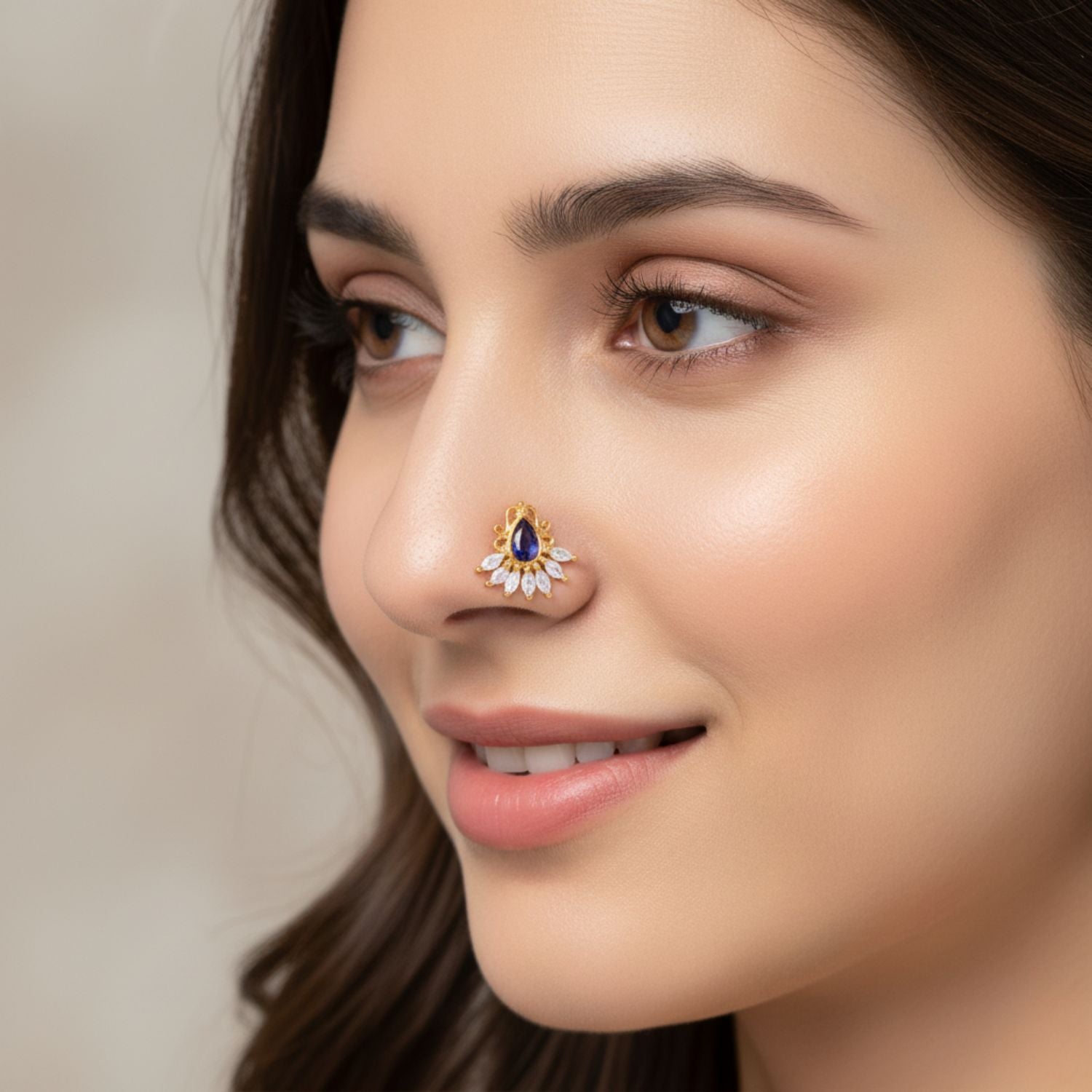 Blue CZ Tear Drop Floral Nose Pin – Sterling Silver Gold Plated