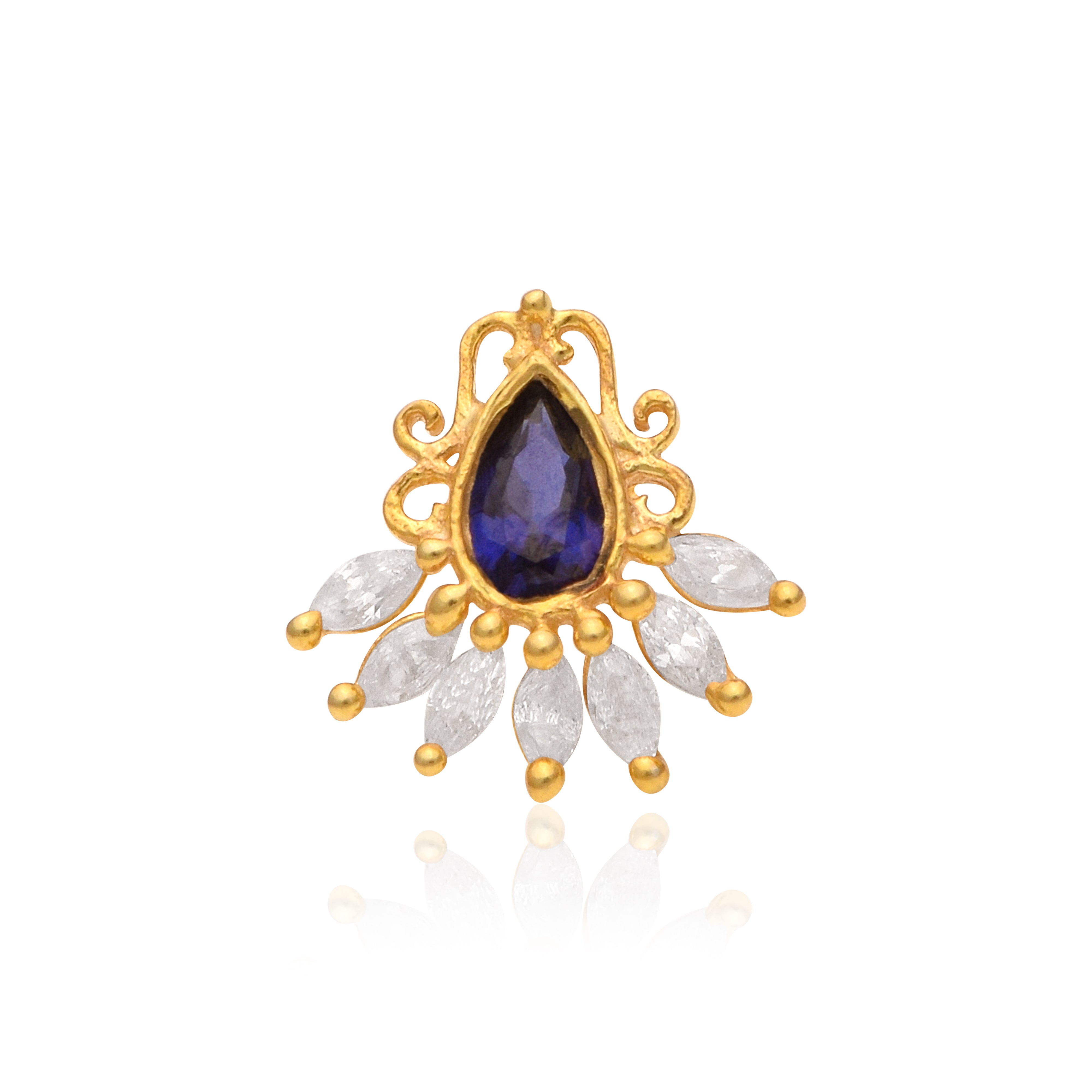 Blue CZ Tear Drop Floral Nose Pin – Sterling Silver Gold Plated