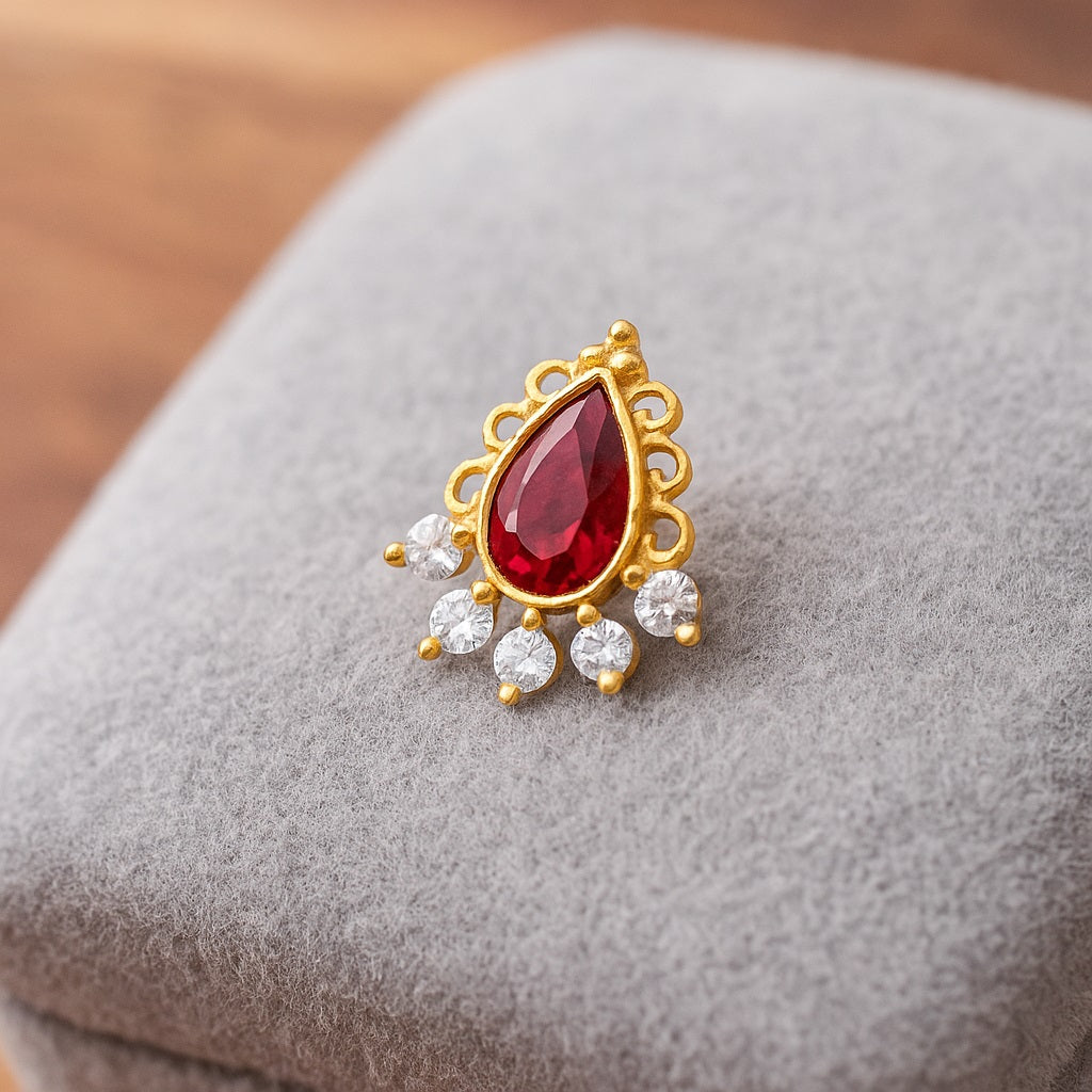 Garnet Teardrop Ethnic Fan Nose Pin – Sterling Silver Gold Plated