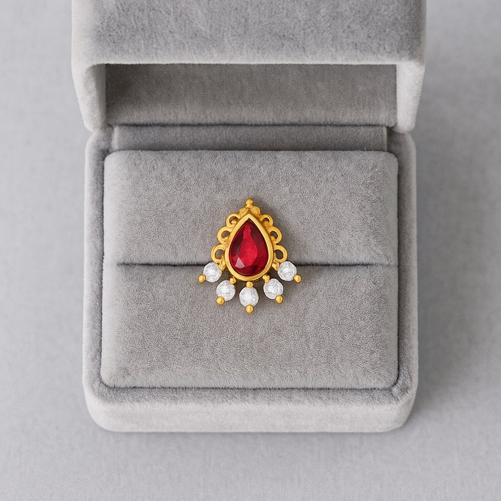 Garnet Teardrop Ethnic Fan Nose Pin – Sterling Silver Gold Plated