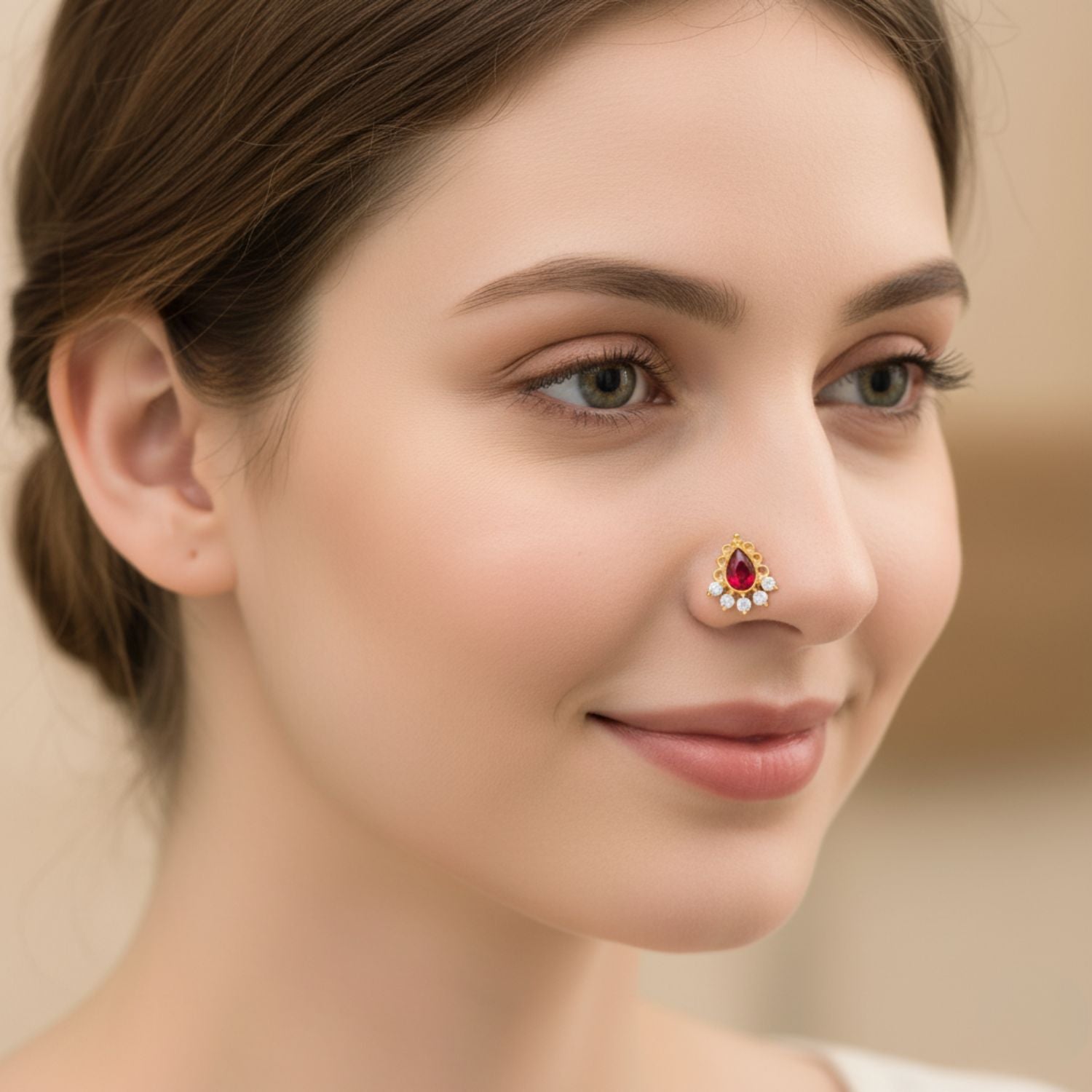 Garnet Teardrop Ethnic Fan Nose Pin – Sterling Silver Gold Plated