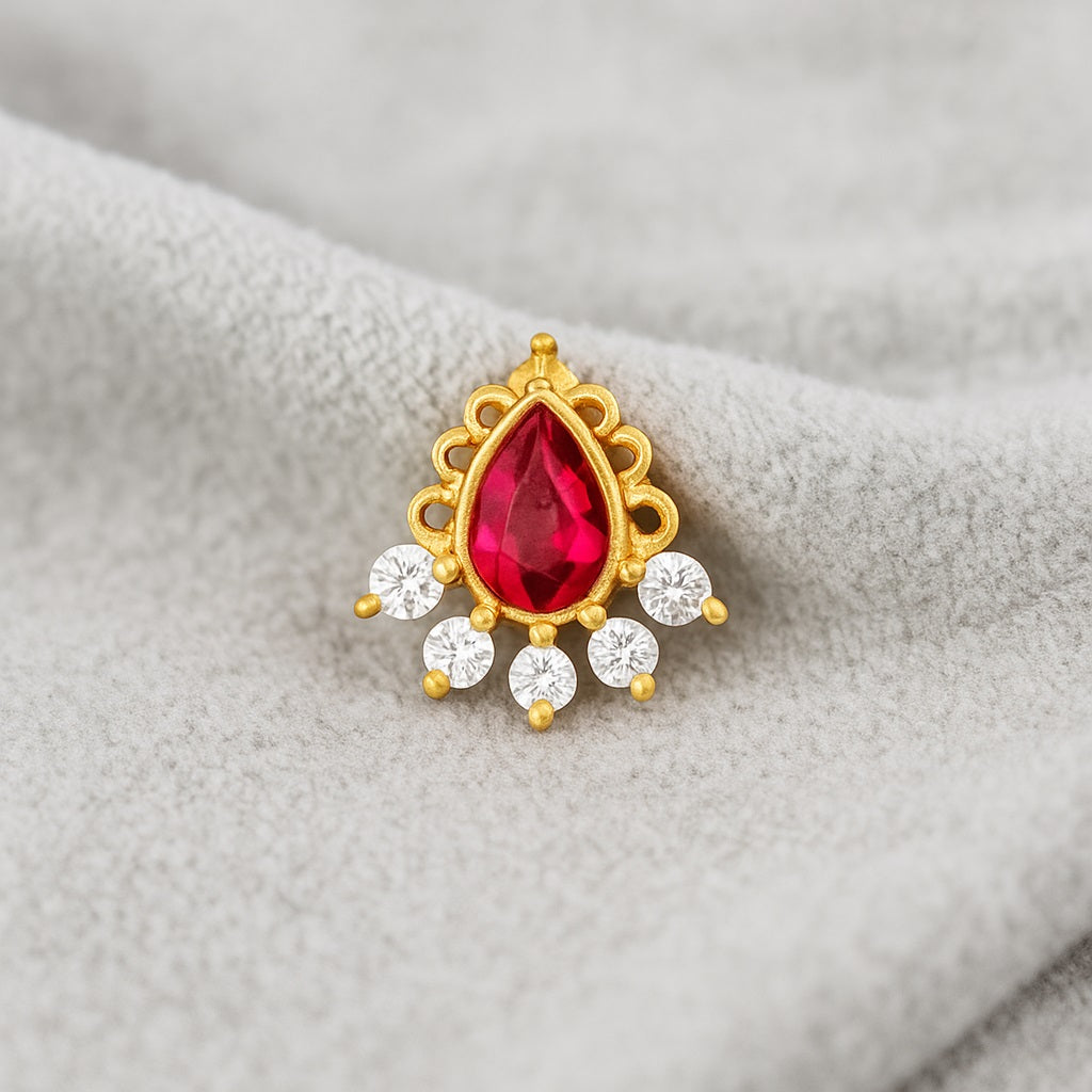 Red Cz Teardrop Ethnic Fan Nose Pin – Sterling Silver Gold Plated