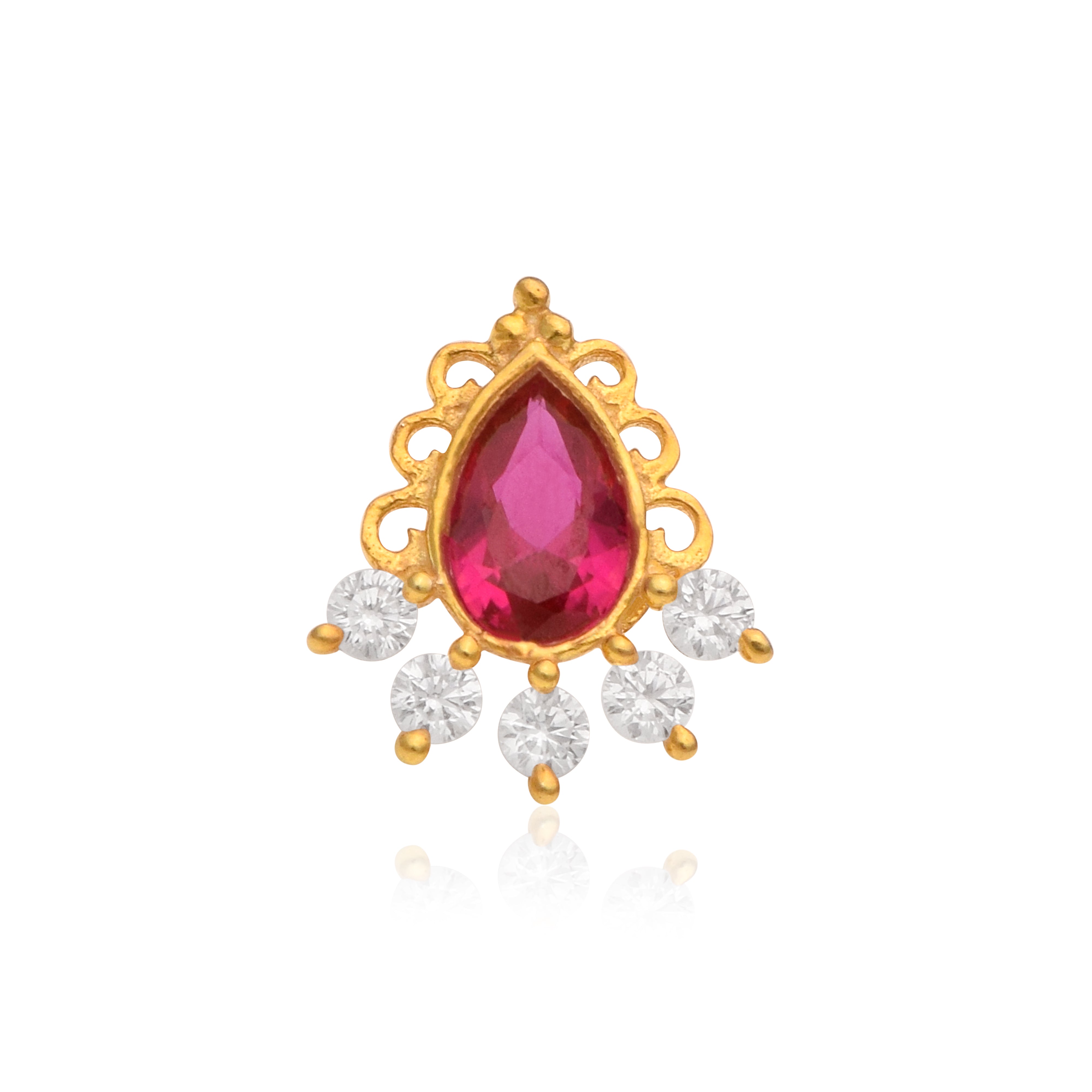 Red Cz Teardrop Ethnic Fan Nose Pin – Sterling Silver Gold Plated
