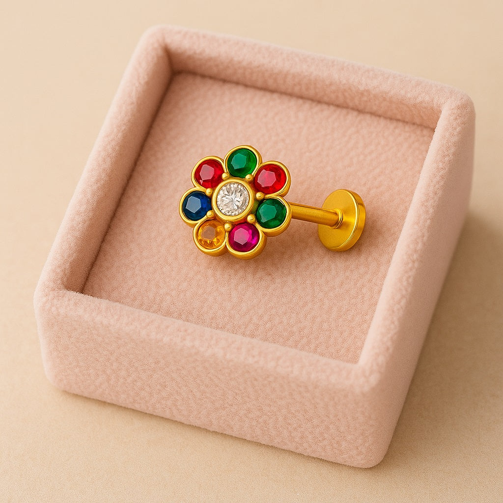White CZ Center Navratna Floral  Nose Pin – Sterling Silver Gold-Plated