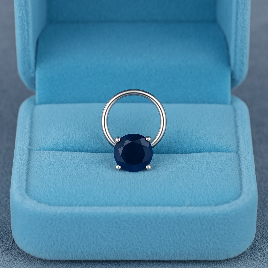 Round Blue Sapphire Solitaire Nose Pin - Sterling Silver