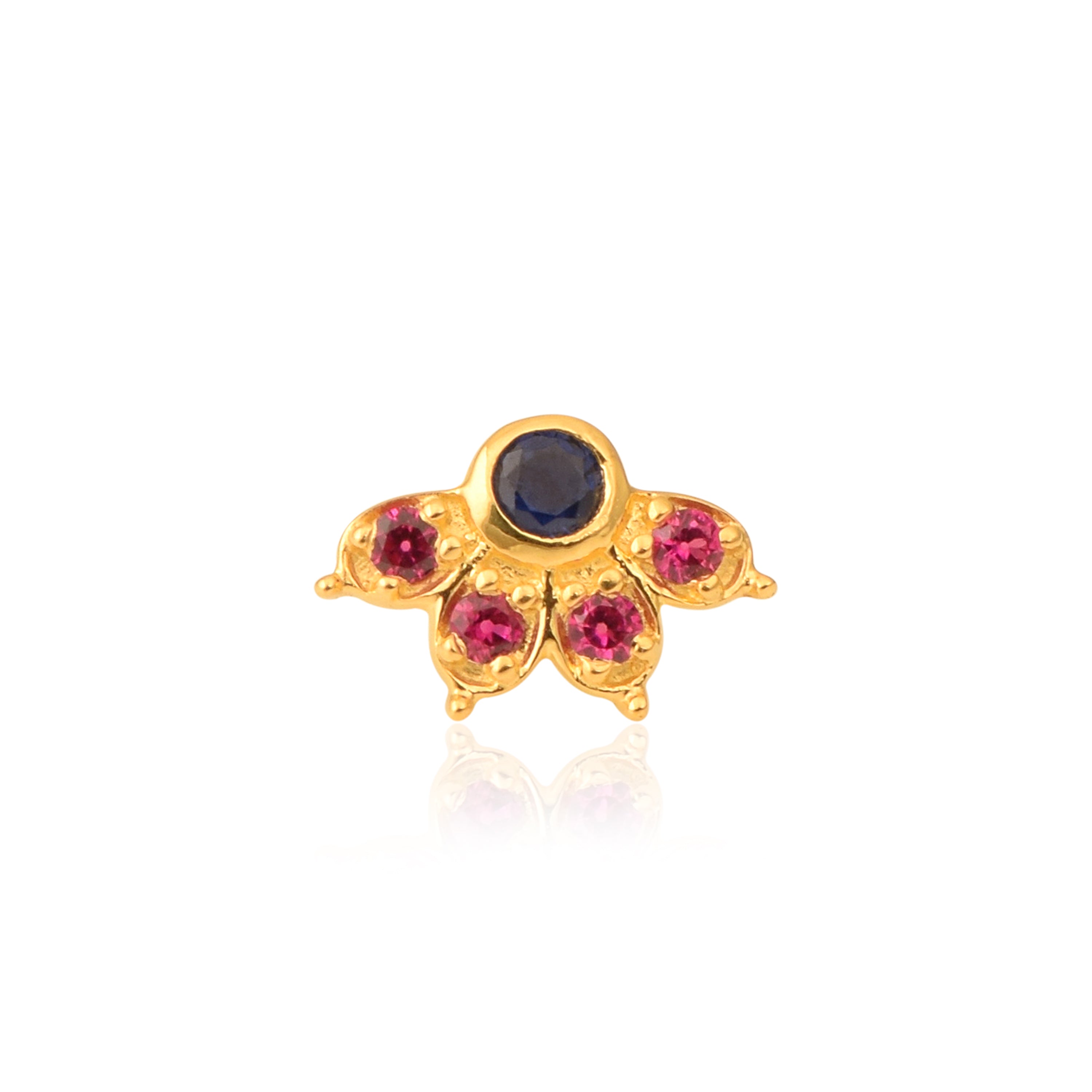 Blue & Red CZ Floral Nose Pin - Sterling Silver Gold Plated