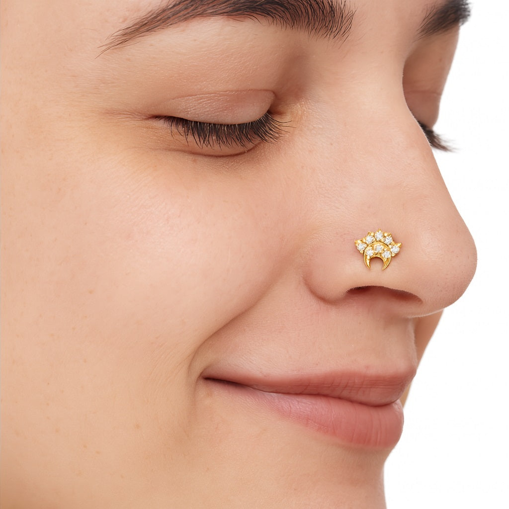 White CZ Crescent Crown Nose Pin - Sterling Silver Gold Plated