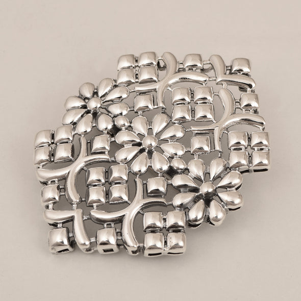 Exquisite Elegance: 925 Sterling Silver Floral Pentagon Shape Women Brooch Pin