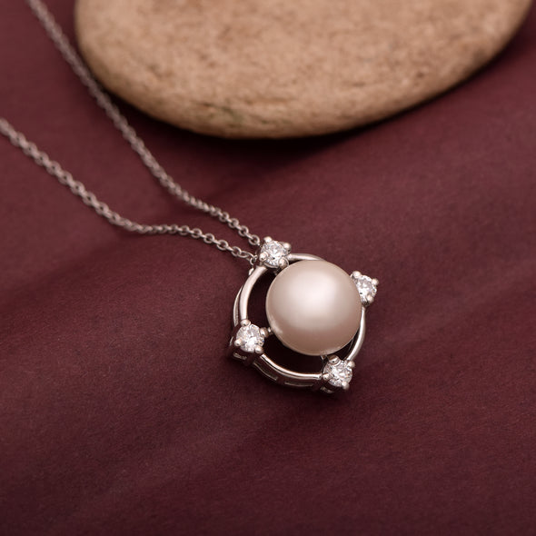 10MM Round Shape Freshwater Natural Pearl Gemstone 925 Sterling Silver Floating Halo Necklace