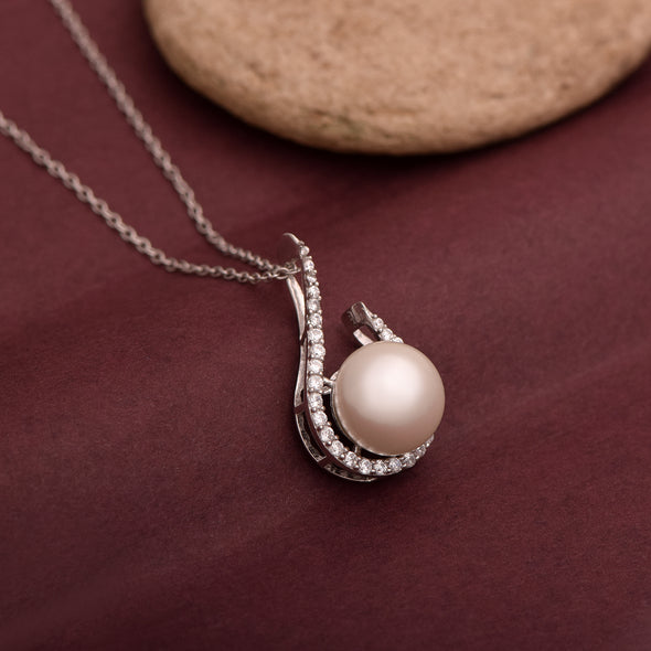 3.95 Ctw Round Shape Pearl 925 Sterling Silver Solitaire Swirl Design | June Birthstone Pendant