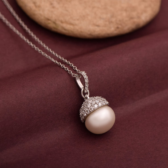 4.2 Ctw Round Shape Pearl Gemstone 925 Sterling Silver Acorn Design Women Engagement Pendant Necklace