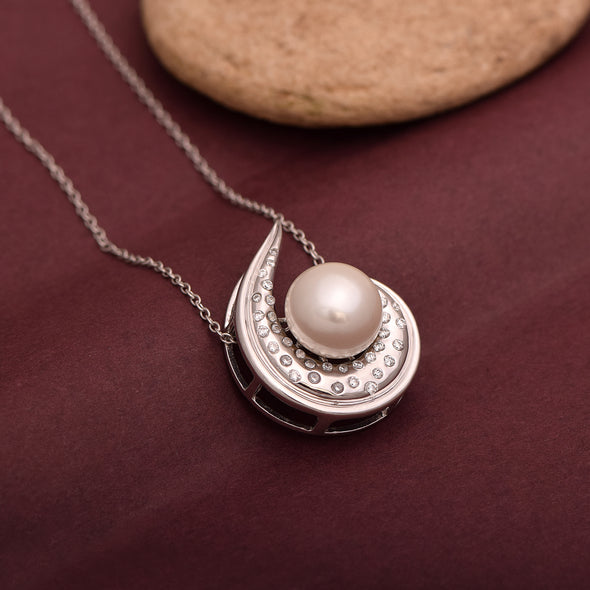 925 Sterling Silver Round Pearl  Necklace with Cubic Zirconia Accents – Elegant Swirl Design Jewelry for Women