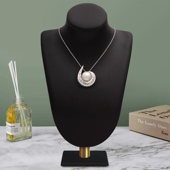 925 Sterling Silver Round Pearl  Necklace with Cubic Zirconia Accents – Elegant Swirl Design Jewelry for Women