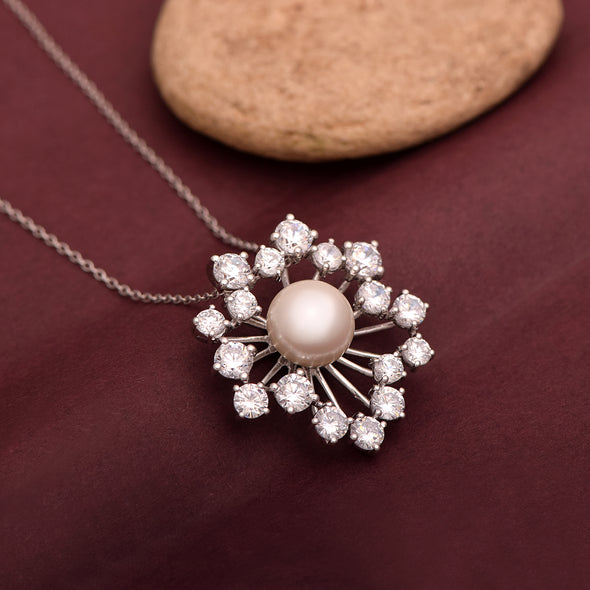 7.60 Ctw Round Shape Pearl Necklace 925 Sterling Silver Snowflake Starburst Pendant for Women– Classic Jewelry