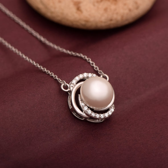 3.95 Ctw Round White Pearl Gemstone 925 Sterling Silver Love Knot Swirl Elegant Design Pendant Necklace