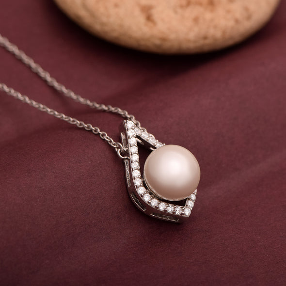 925 Sterling Silver Round Pearl Pendant with Cubic Zirconia Delicate Teardrop Wedding Engagement Necklace