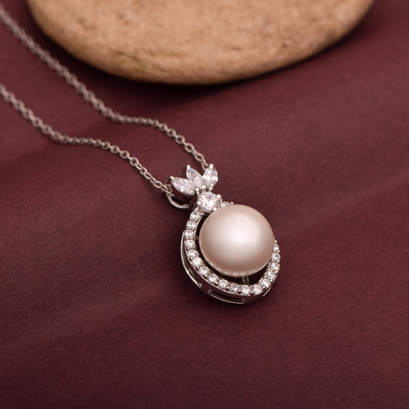 3.80 Ctw Round Shape Pearl  925 Sterling Silver Solitaire Halo Wedding Pendant Necklace For Women
