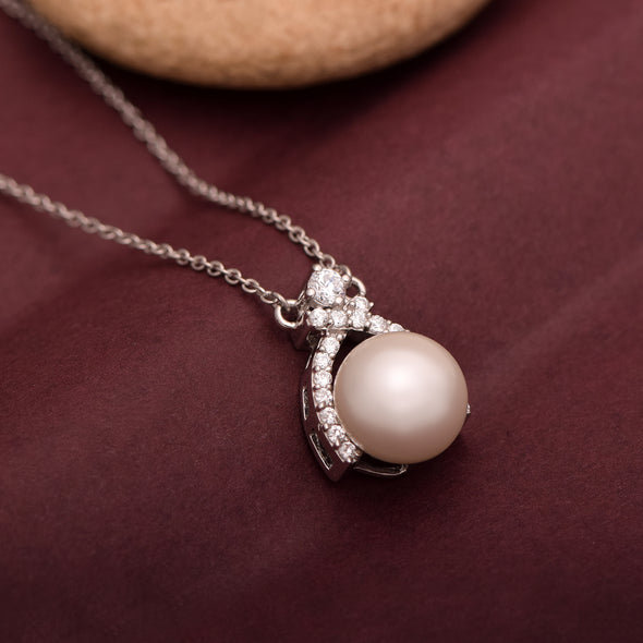3.60 Ctw Round Pearl Gemstone 925 Sterling Silver Solitaire Halo Ribbon Design Classic Necklace Jewelry