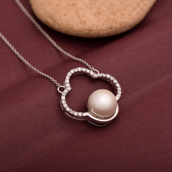 10MM Round Shape White Pearl 925 Sterling Silver Clover Shape Women Wedding Engagement Pendant Necklace