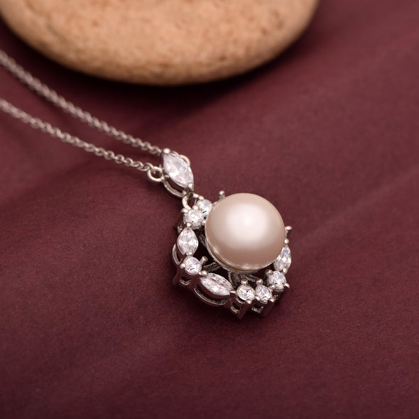 5.25 Ctw Round Shape Pearl Gemstone 925 Sterling Silver Solitaire Halo Classic Design Pendant Necklace