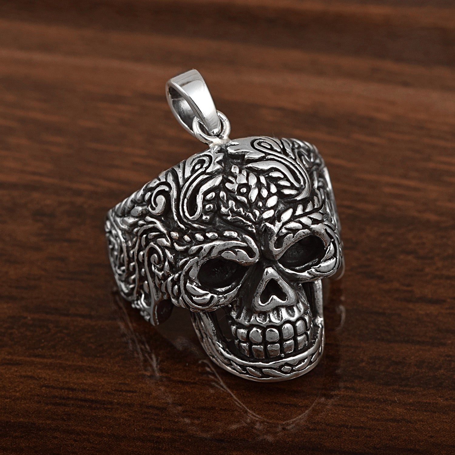 Ornate Skull Gothic Tribal Design Pendant - Sterling Silver