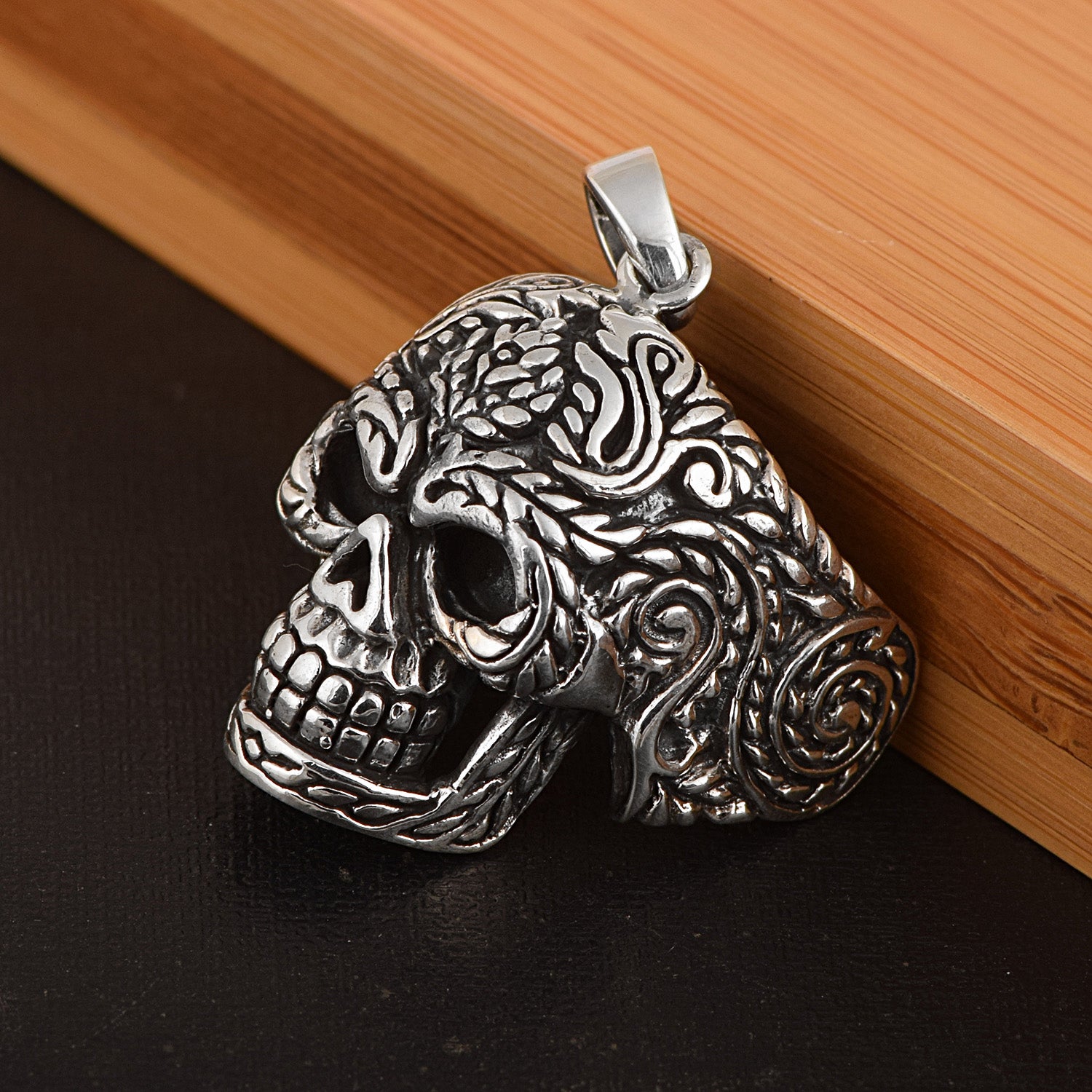 Ornate Skull Gothic Tribal Design Pendant - Sterling Silver