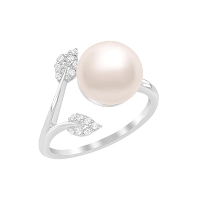3.65 Ctw Round Pearl Gemstone 925 Sterling Silver Solitaire Front Open | Leaf Design Ring