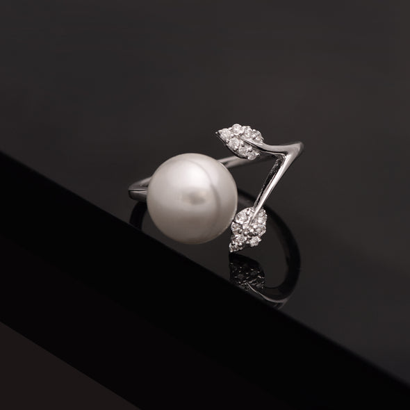 3.65 Ctw Round Pearl Gemstone 925 Sterling Silver Solitaire Front Open | Leaf Design Ring