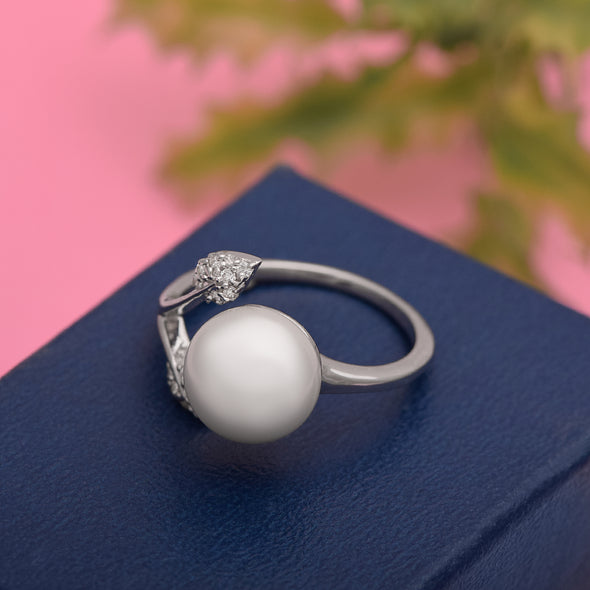 3.65 Ctw Round Pearl Gemstone 925 Sterling Silver Solitaire Front Open | Leaf Design Ring