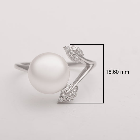 3.65 Ctw Round Pearl Gemstone 925 Sterling Silver Solitaire Front Open | Leaf Design Ring