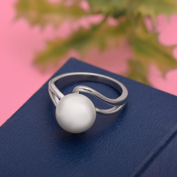 10MM Round Shape Pearl Gemstone 925 Sterling Silver Solitaire Split Shank Women Anniversary Ring