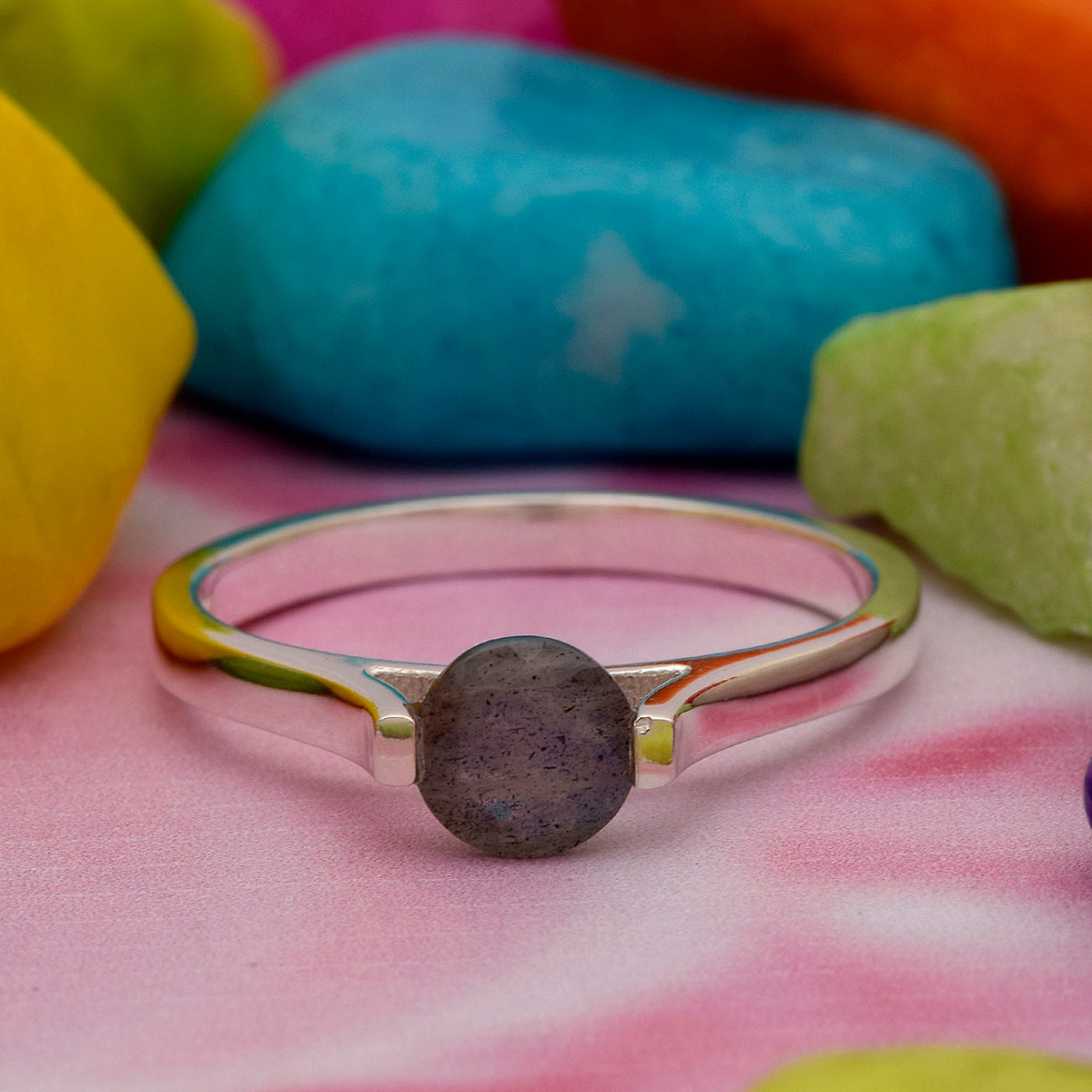 Labradorite Round Solitaire Ring – Sterling Silver
