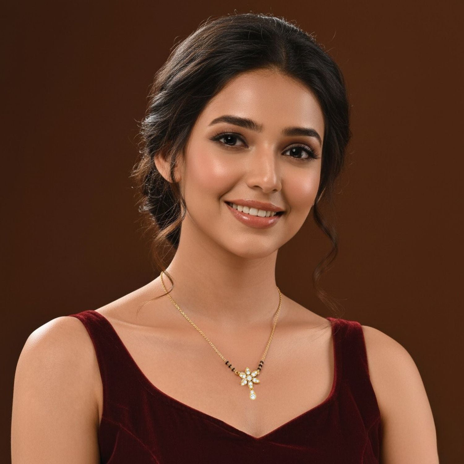 Round CZ Floral Drop Mangalsutra – Sterling Silver Gold Plated
