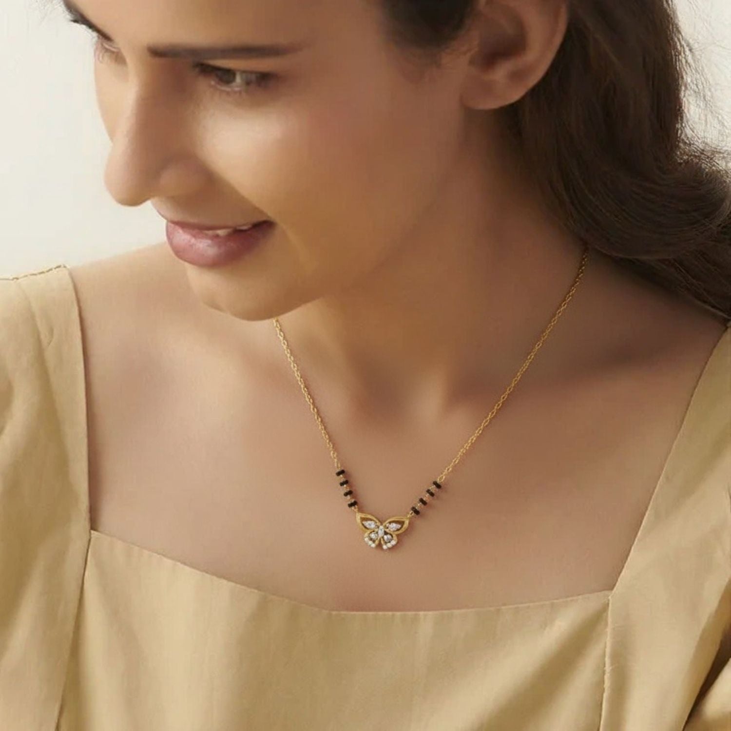 Round CZ Butterfly Motif Mangalsutra – Sterling Silver Gold Plated