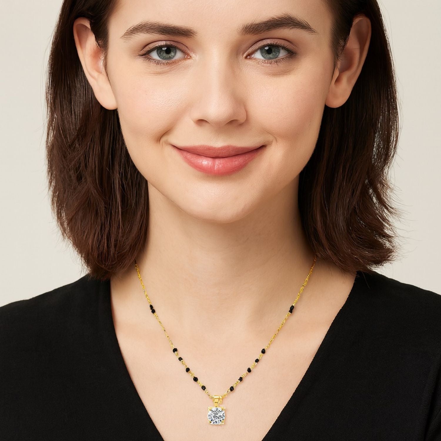 Round CZ Solitaire Pendant Mangalsutra – Sterling Silver Gold Plated