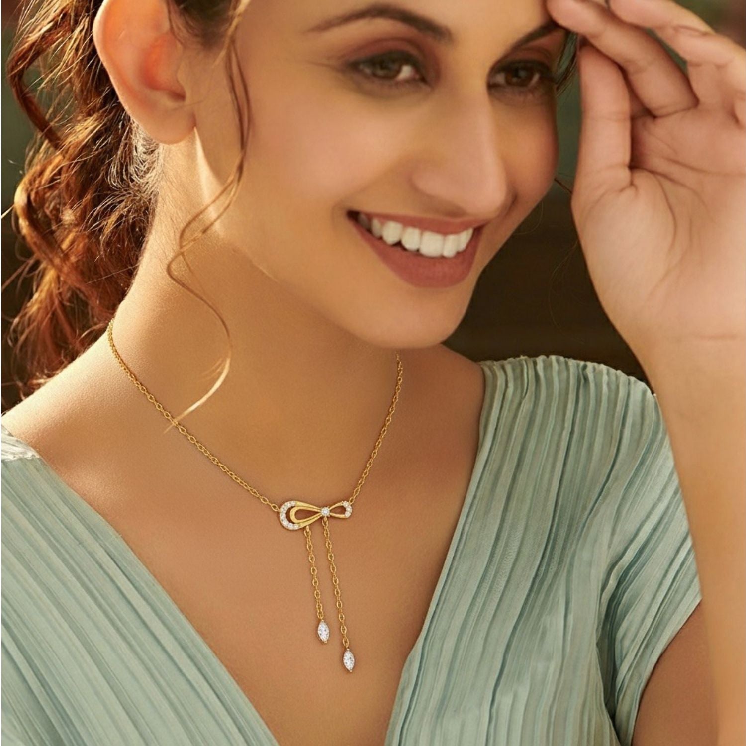 Round Cz Bow Knot Drops Mangalsutra – Sterling Silver Gold Plated