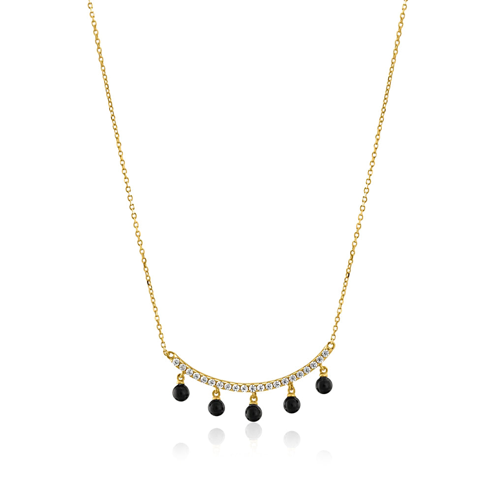 Round CZ Curved Bar Hanging Black Beads Mangalsutra – Sterling Silver Gold Plated