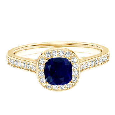 Classic Cushion Cut Blue Sapphire Wedding Ring in 9k Yellow Gold Unique Promise Gift Ring